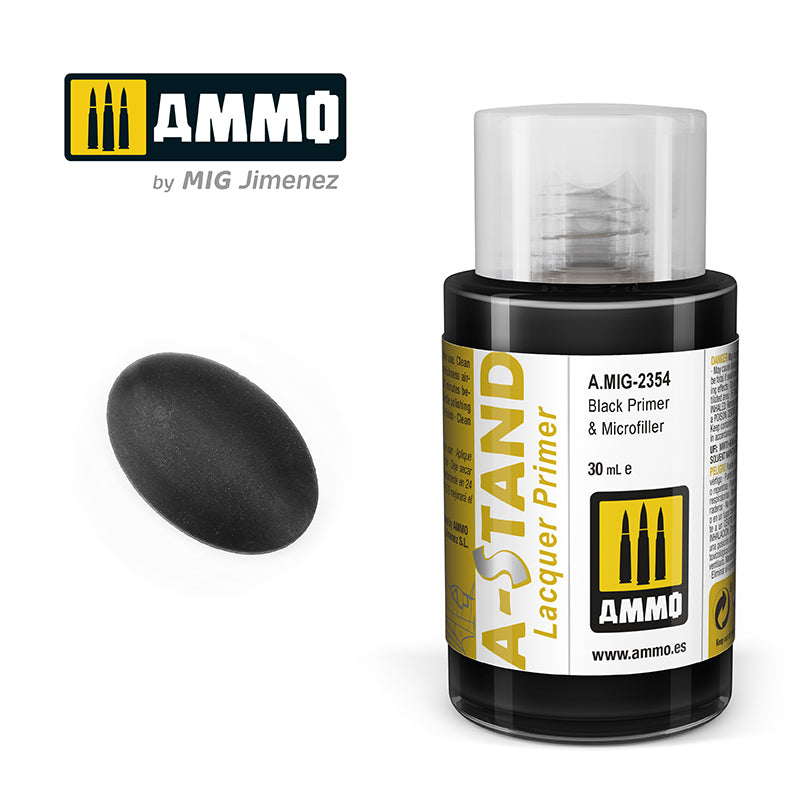 Ammo Mig A-Stand Lacquer Paint 30ml - Black Primer & Microfiller | 8432074023548