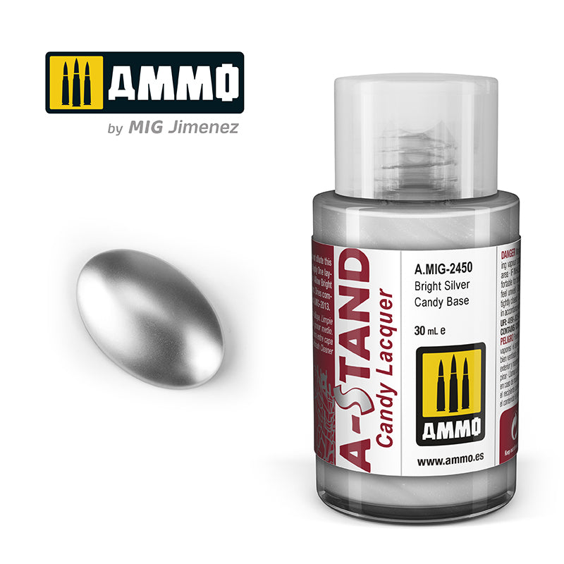 Ammo Mig A-Stand Lacquer Paint 30ml - Bright Silver Candy Base | 8432074024507