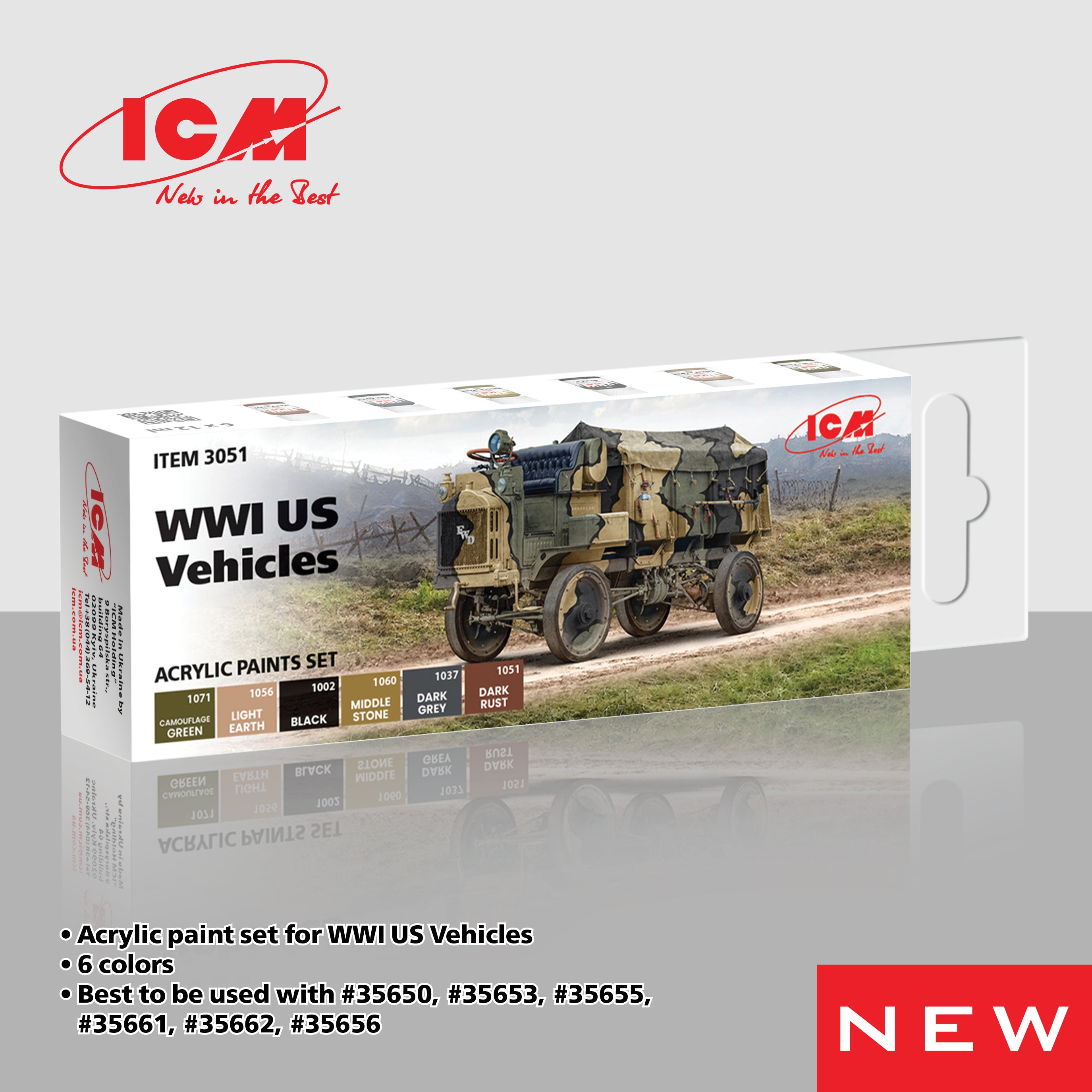 ICM Acrylic Paint Set for WWI US military vehicles | 4823044410828
