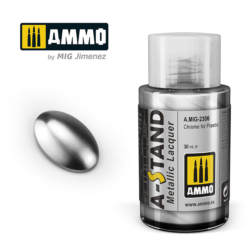 Ammo Mig A-Stand Lacquer Paint 30ml - Chrome for Plastic | 8432074023067