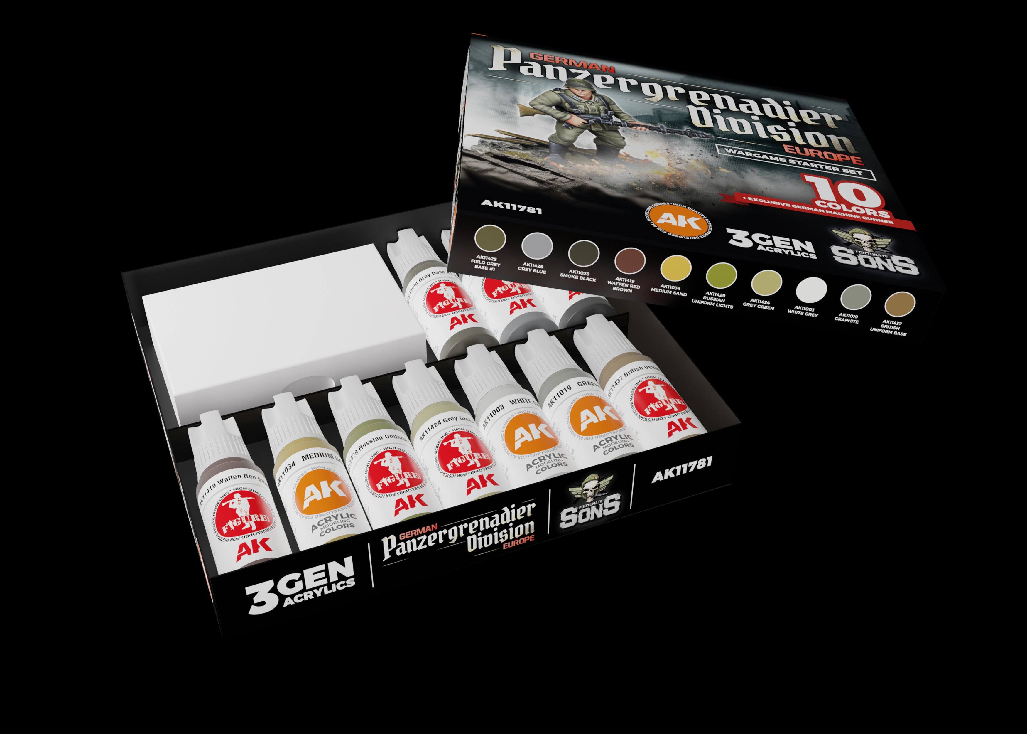 AK Interactive German Panzergrenadier Division Europe - Starter Set (10 Colors + Exclusive Figure German Machine Gunner) | 8435568343726