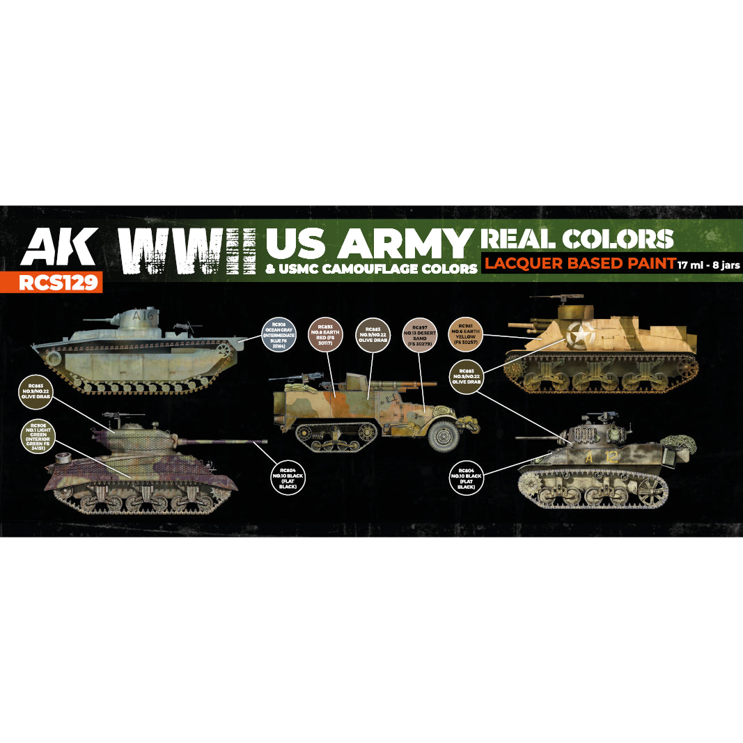 AK Interactive Real Colors WWII US Army & USMC Camouflage Colors Set (Set of 8) | 8435568340244