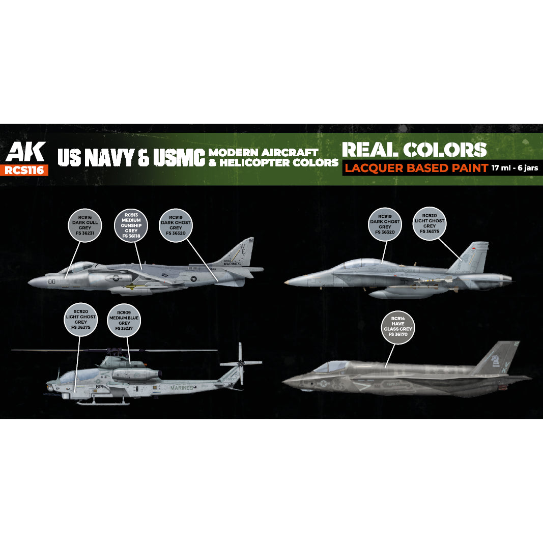 AK Interactive Real Colors US Navy&USMC Modern Aircraft&Helicopter Colors Set (Set of 6) | 8435568340008