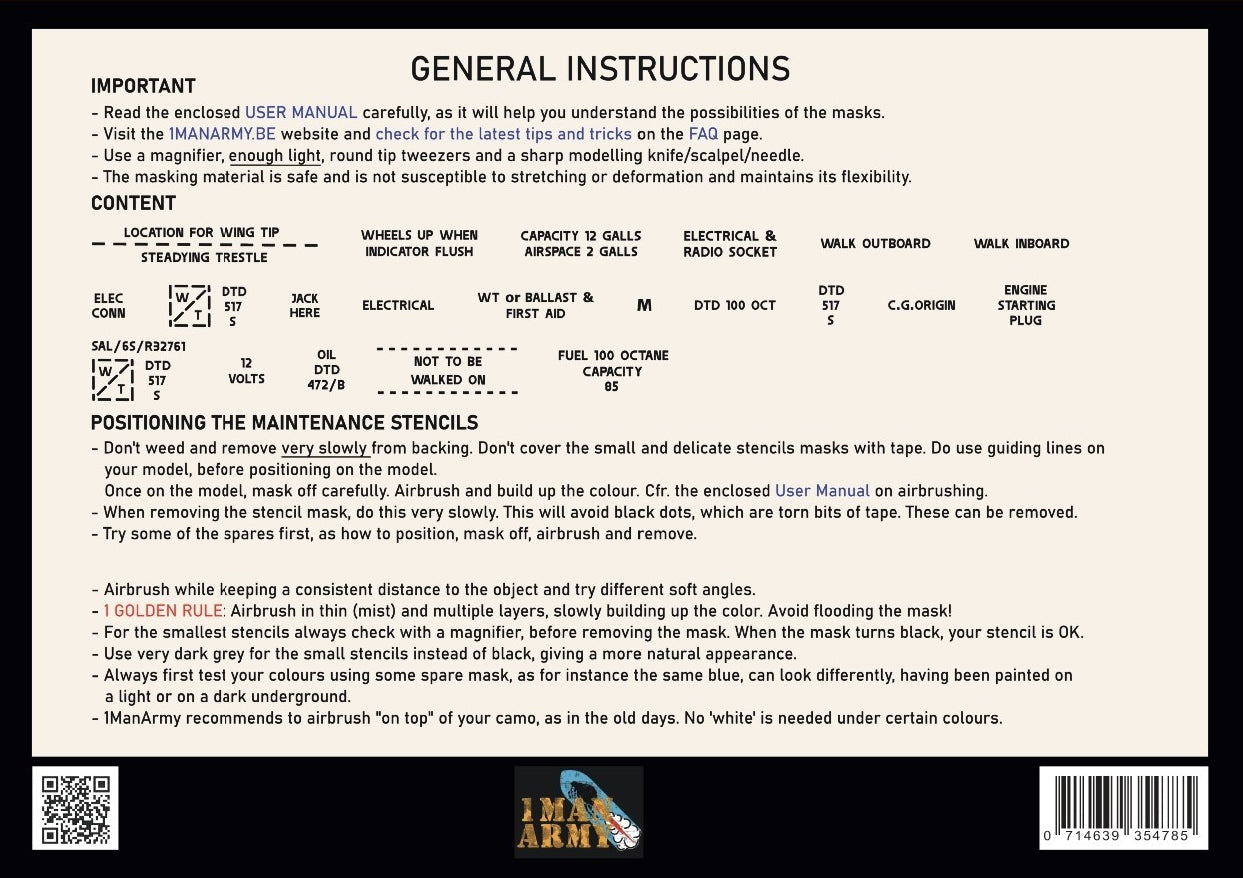1ManArmy 1/48 Spitfire Mk I/II Generic Data Stencils Set | 714639354785
