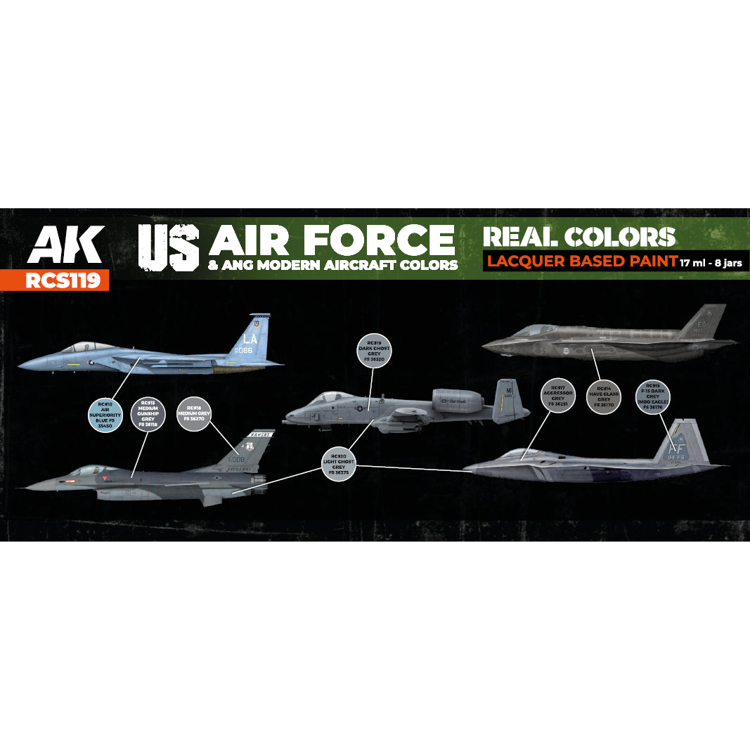 AK Interactive Real Colors US Air Force & ANG Modern Aircraft Colors Set (Set of 8) | 8435568340039