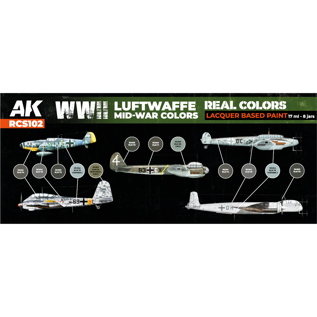 AK Interactive Real Colors WWII Luftwaffe Mid-War Colors Set (Set of 8) | 8435568339811