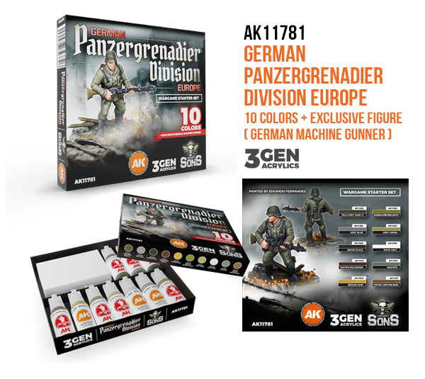 AK Interactive German Panzergrenadier Division Europe - Starter Set (10 Colors + Exclusive Figure German Machine Gunner) | 8435568343726