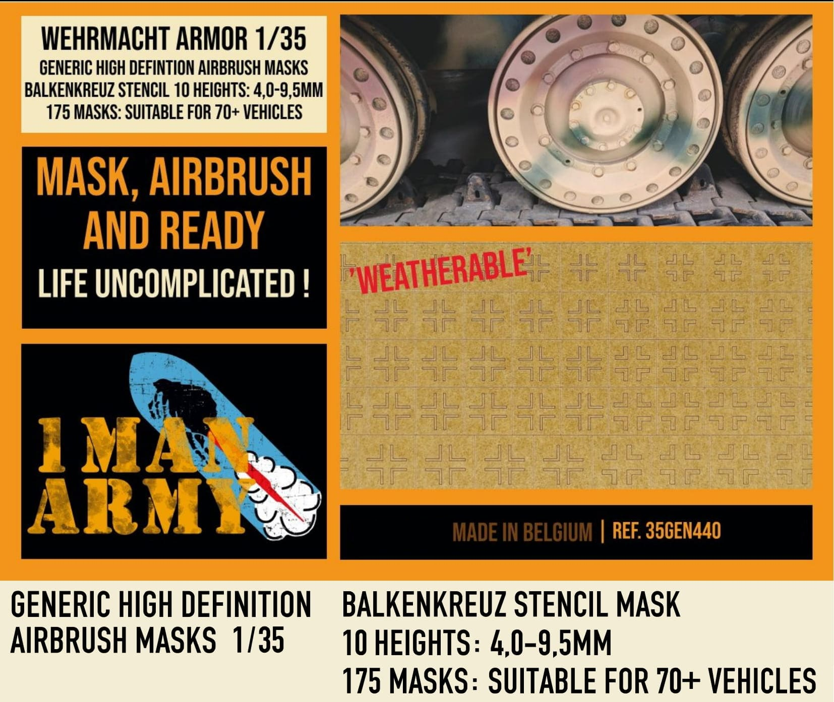 1ManArmy 1/35 German Balkenkreuz Stencil 4,0 to 9,5 Airbrush Paint Masks | 714639355096