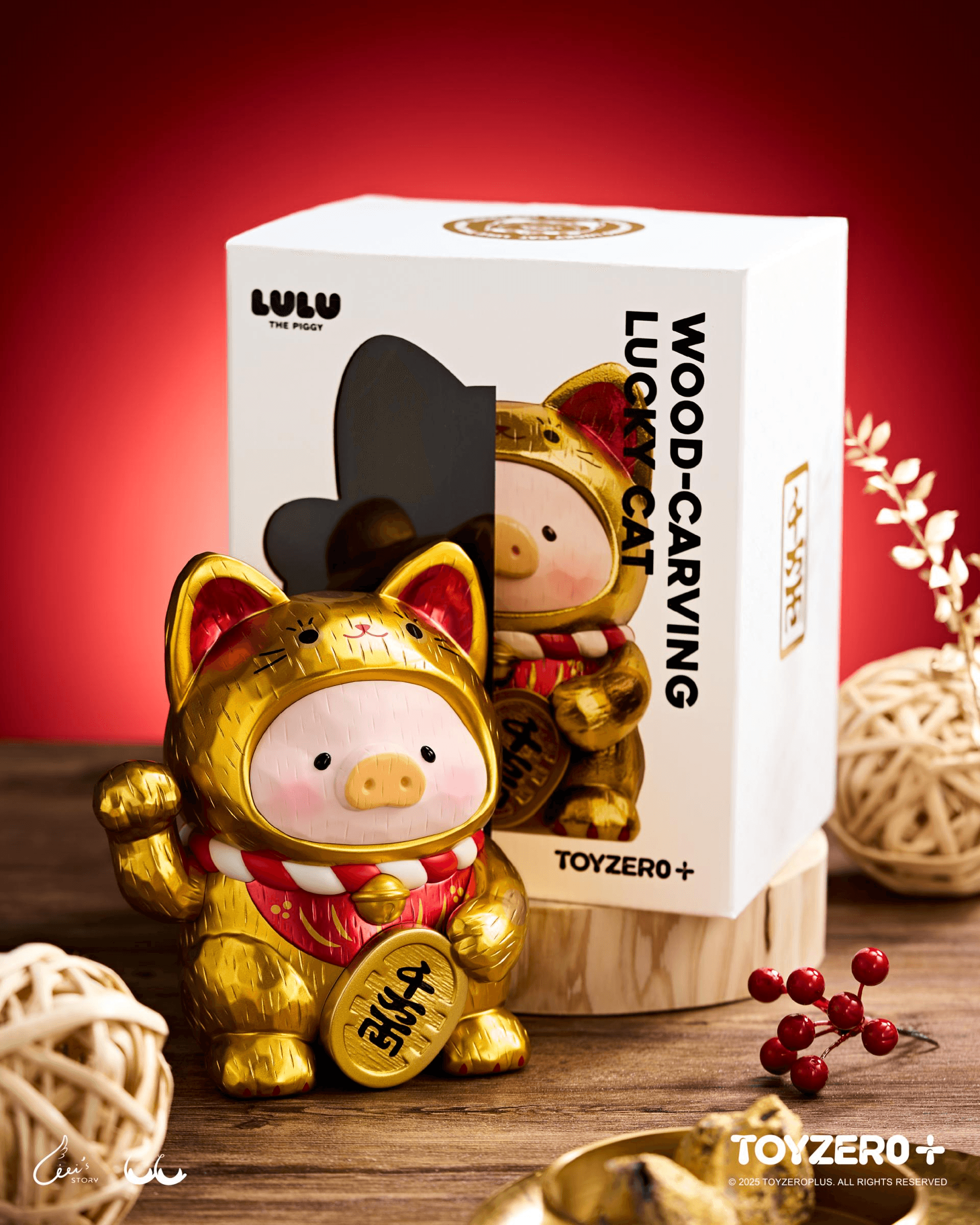 LuLu the Piggy - 18cm Wood-Carving Maneki Lu (Golden Cat) | 6978531762374