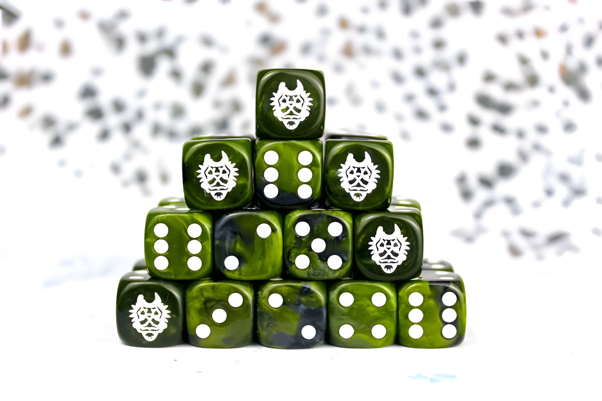 Conquest, W’adrhun Faction Dice on Green swirl Dice (PBW8515)