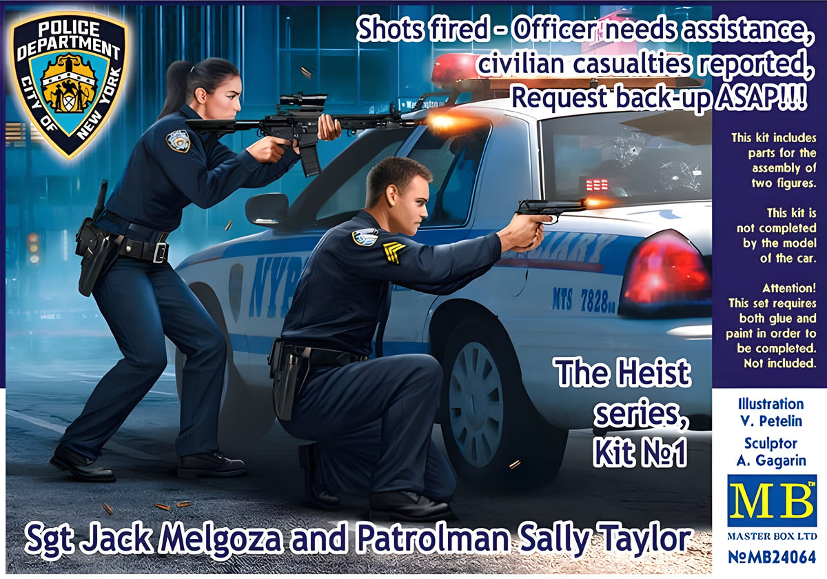MASTER BOX 1/24 The Heist series, Kit No1. Shots fired Officer needs assistance, civilian casualties reported, Request back-up ASAP Sgt Jack Melgoza and Patrolman Sally Taylor