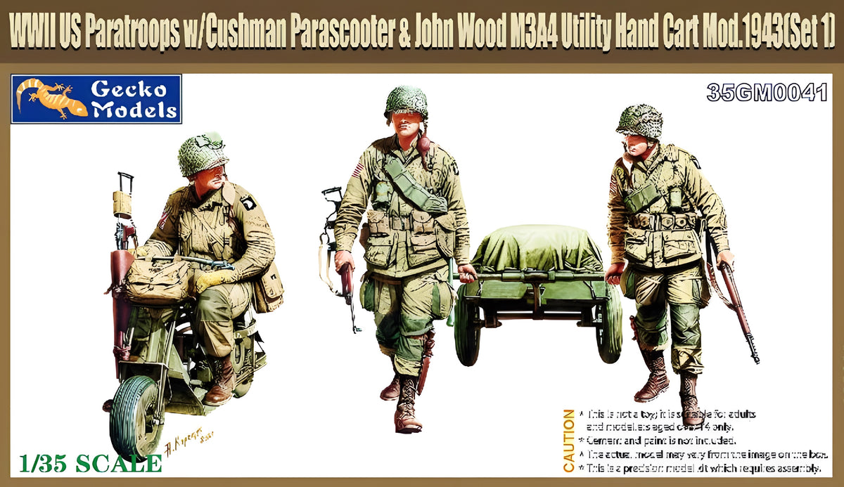 Gecko 1/35 M53 Scooter Cushman w-John Wood M3A4 Utility Hand Cart Mod. 1943 & US Paratroops (Set 1)
