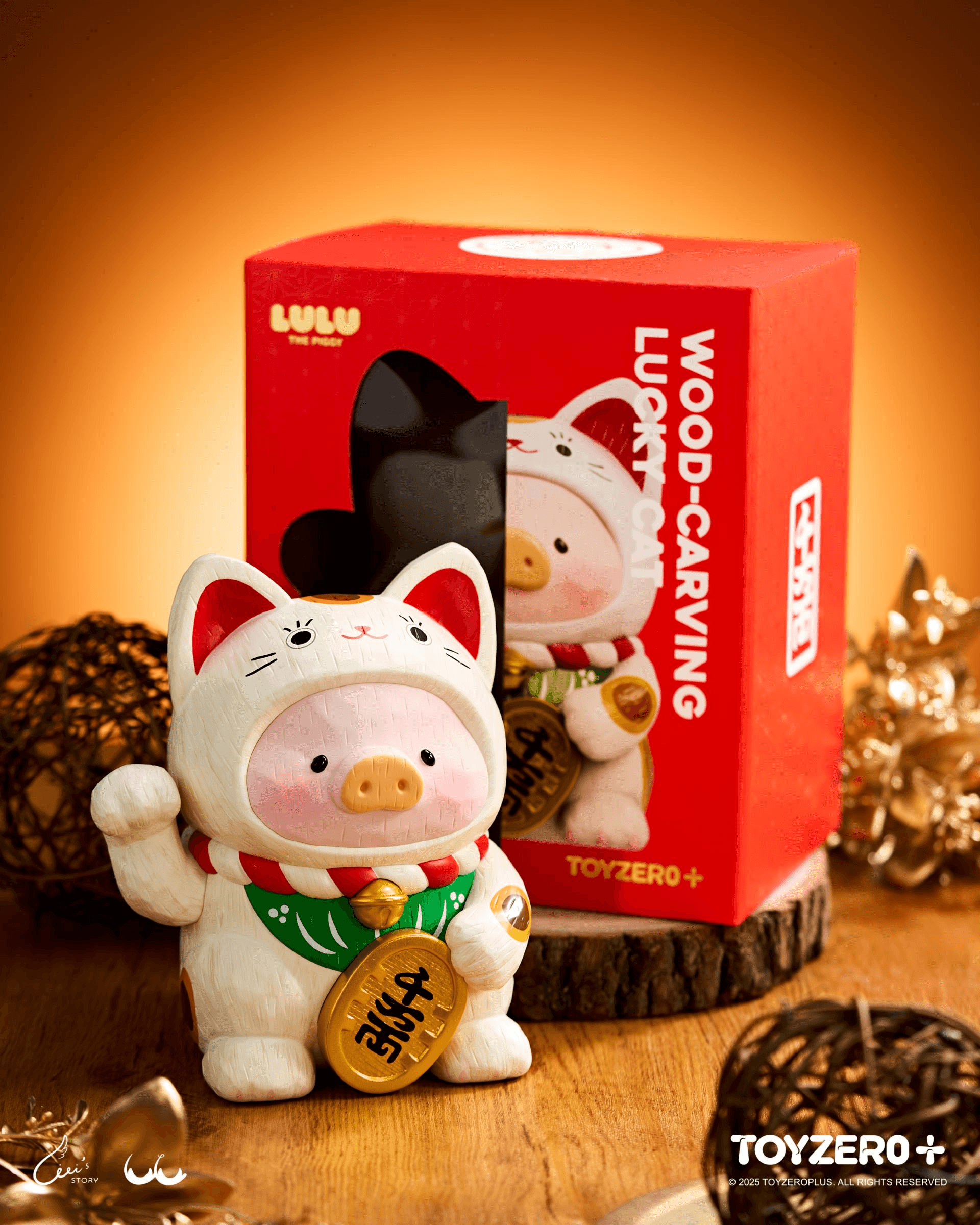 LuLu the Piggy - 18cm Wood-Carving Maneki Lu (Calico Cat) | 6978531762398