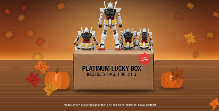 Thanksgiving Gundam Lucky Box mobile banner - Platinum Lucky Box among autumn leaves and pumpkins, save 20% or more