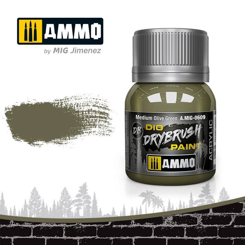 Ammo Mig Dio Drybrush Acrylic Paint 40ml - Medium Olive Green | 8432074006091