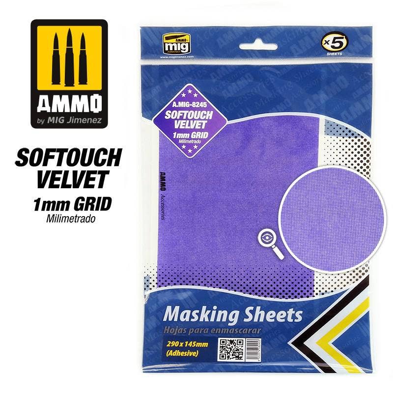 Ammo Mig Softouch Velvet Adhesive Masking Sheets with 1mm Grid, 5 Sheets (290mm x 145mm) | 8432074082453