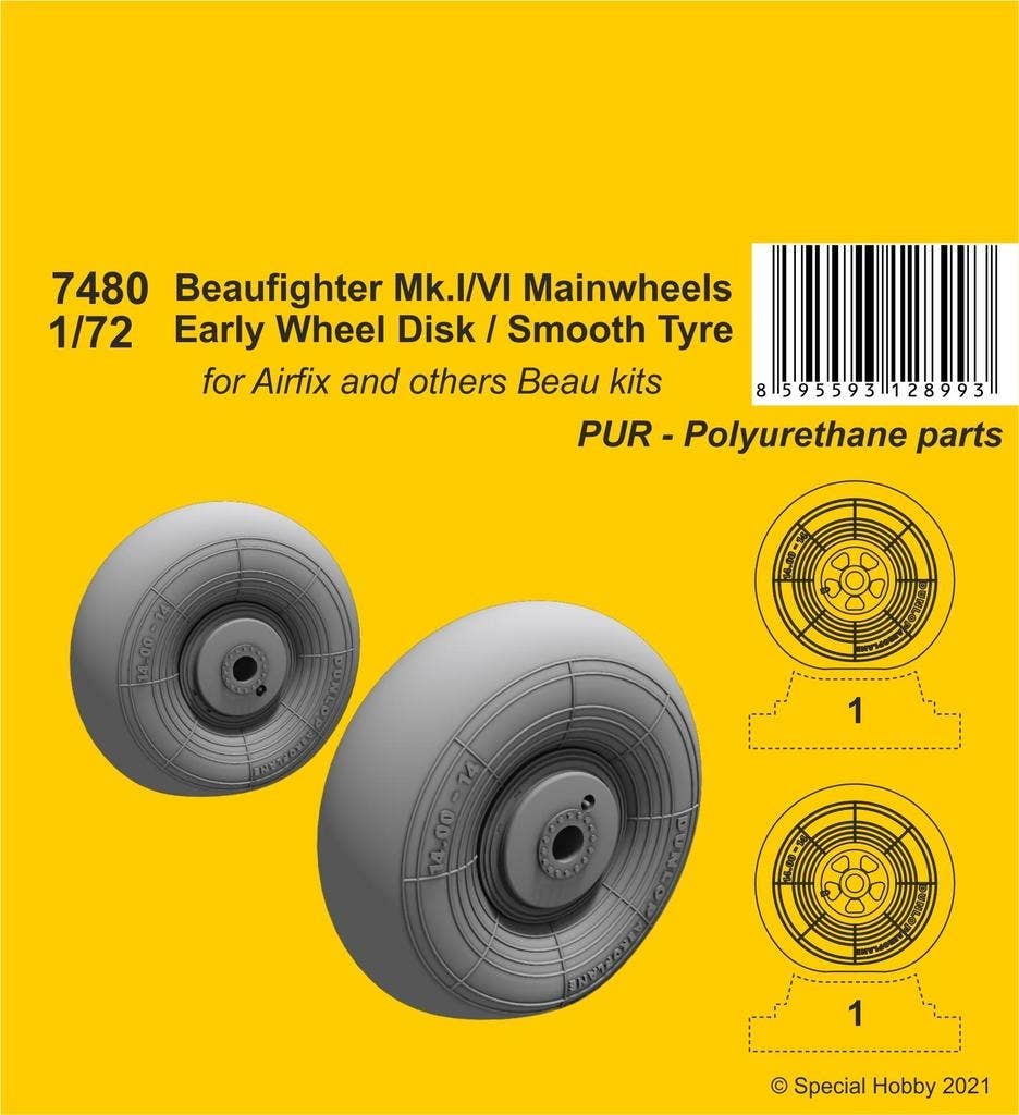 CMK 1/72 Beufighter Mk.I/VI Mainwheels - Early Wheel Hub / Smooth Tyre | 8595593128993