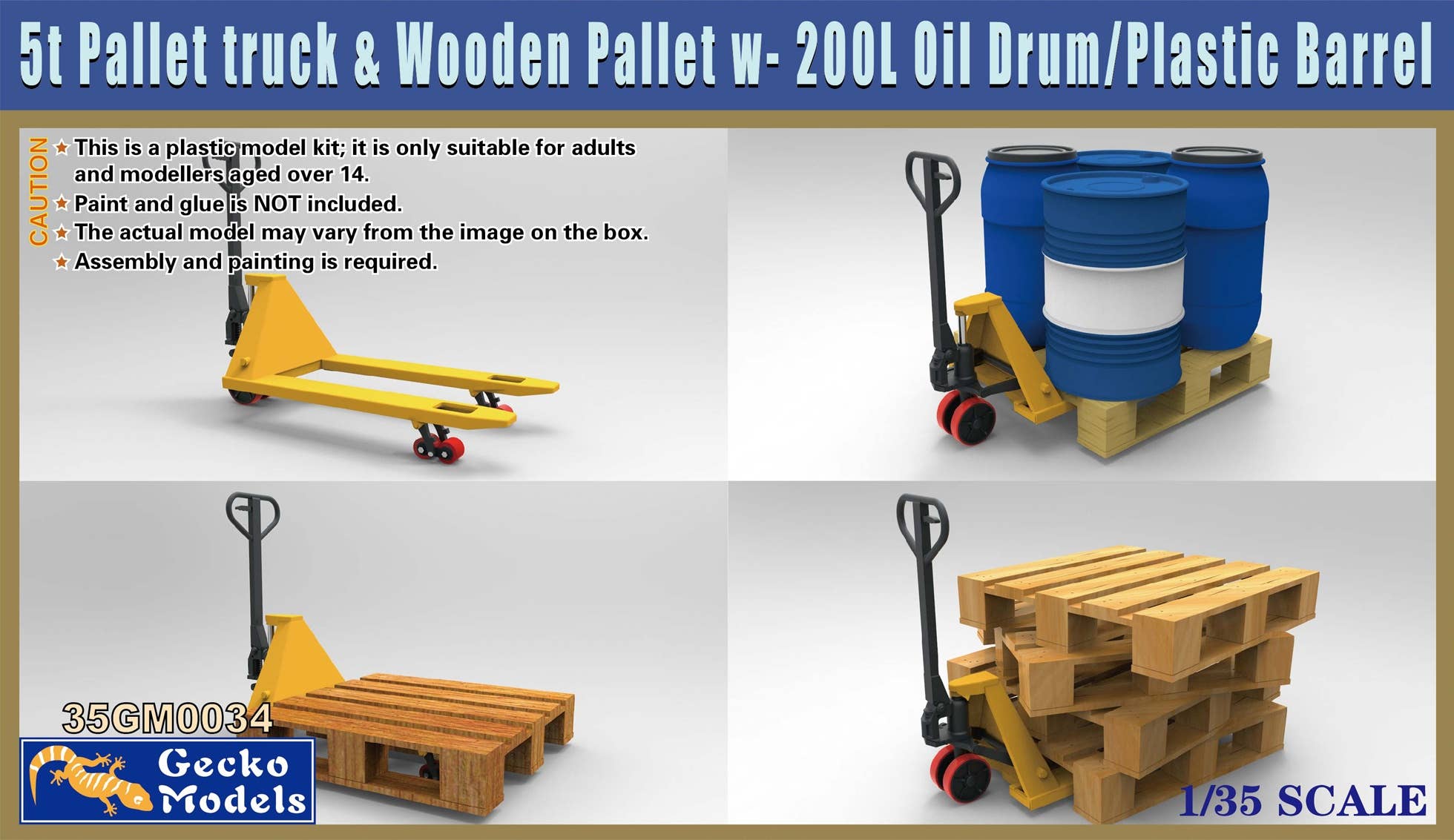 Gecko 1/35 5t Pallet truck & Wooden Pallet w- 200L Oil Drum-Plastic Barrel Set | 4892667350347
