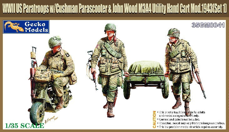 Gecko 1/35 M53 Scooter Cushman w-John Wood M3A4 Utility Hand Cart Mod. 1943 & US Paratroops (Set 1)