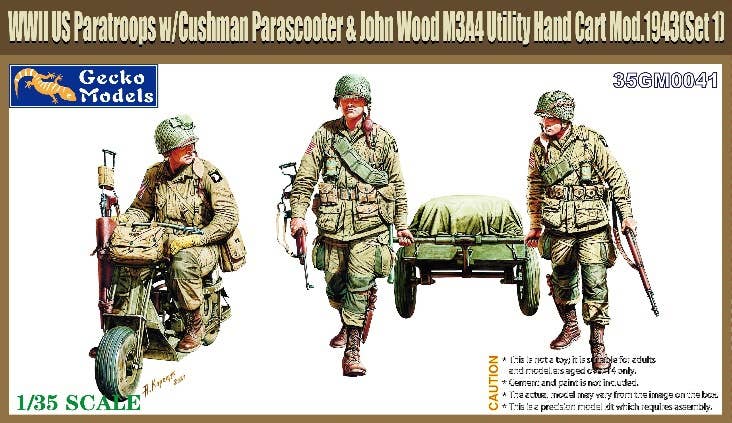 Gecko 1/35 M53 Scooter Cushman w-John Wood M3A4 Utility Hand Cart Mod. 1943 & US Paratroops (Set 1) | 4892667350415
