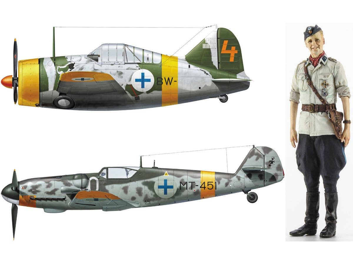 Hasegawa 1/72 B-239 BUFFALO & Messerschmitt Bf109G-6 JUUTILAINEN w/FIGURE (Two kits in the box) | 4967834024397