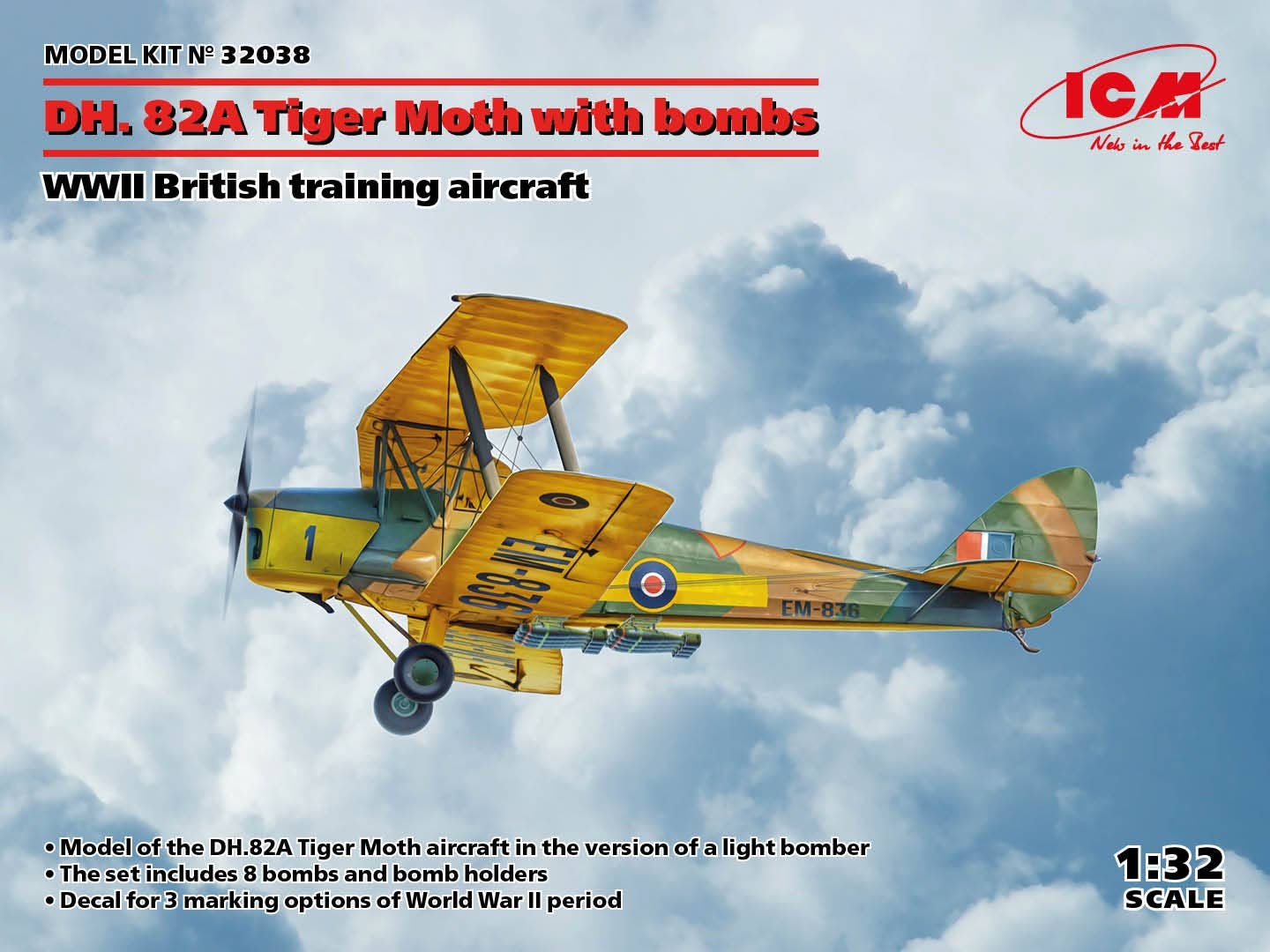 ICM 1/32 DH. 82A Tiger Moth with bombs, WWII British training aircraft | 4823044408689
