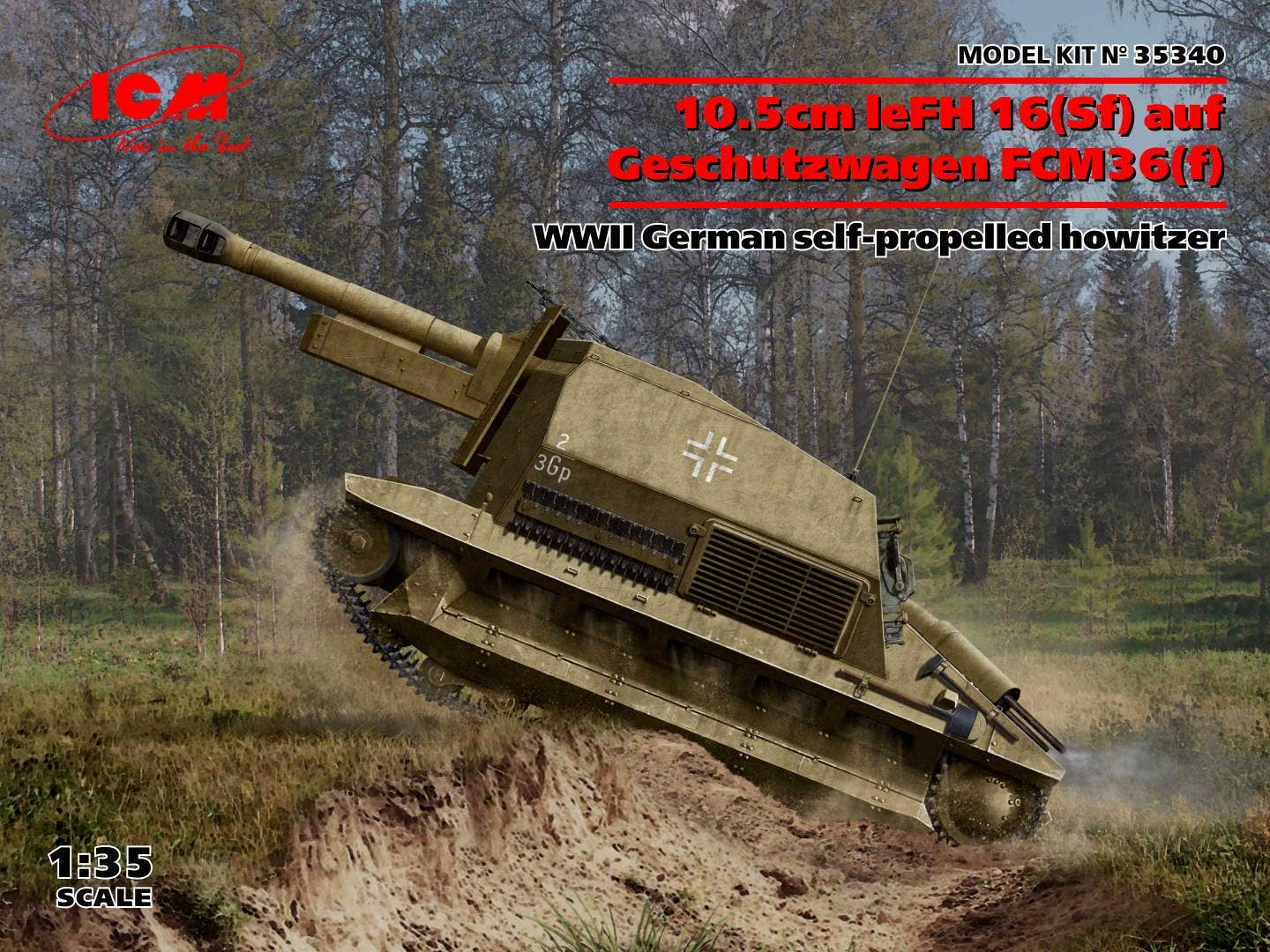 ICM 1/35 10.5cm leFH 16(Sf) auf Geschutzwagen FCM36(f), WWII German self-propelled howitzer | 4823044408832