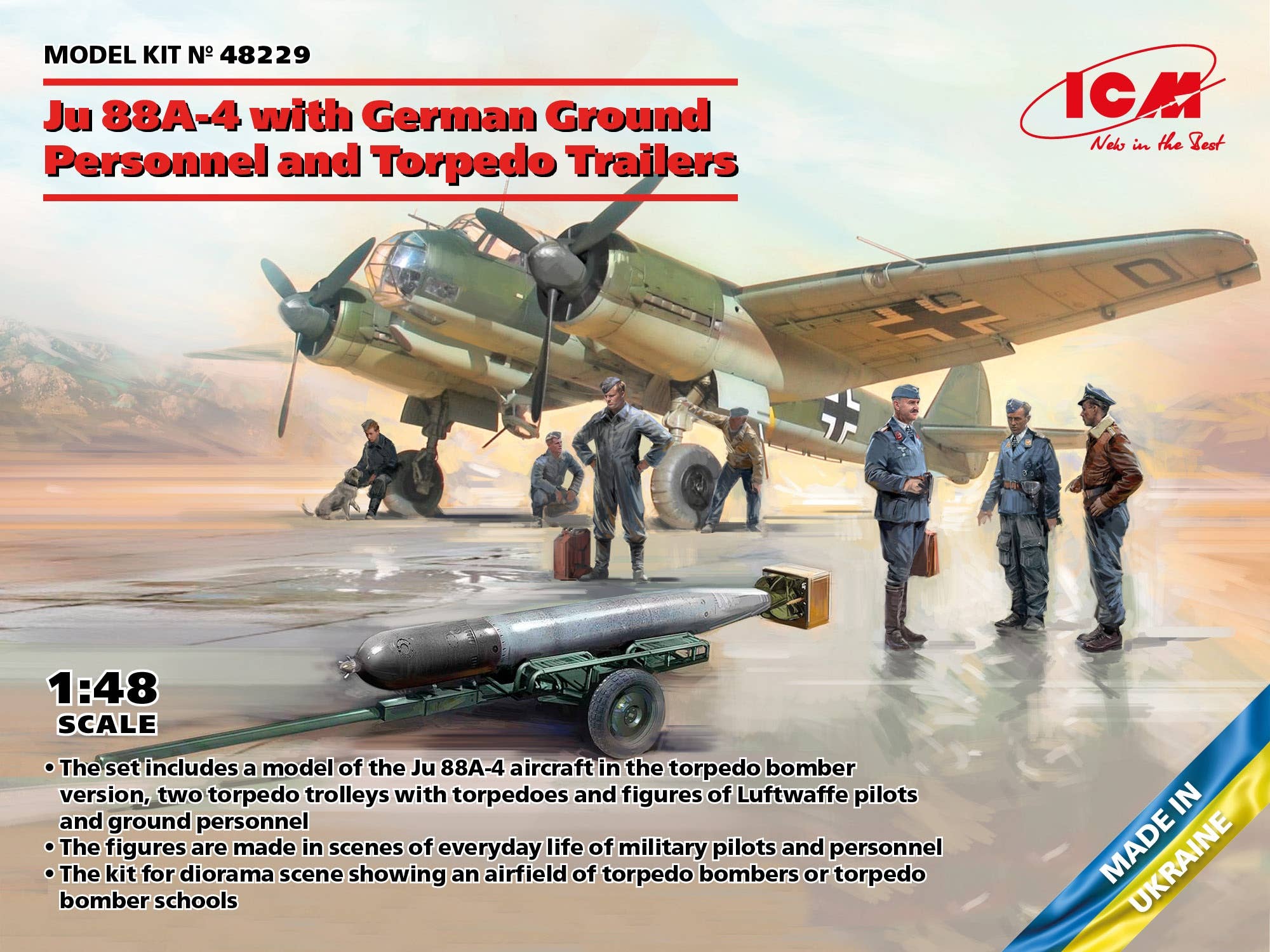 ICM 1/48 Junker Ju 88A-4 with German Ground Personnel and Torpedo Trailers | 4823044409549