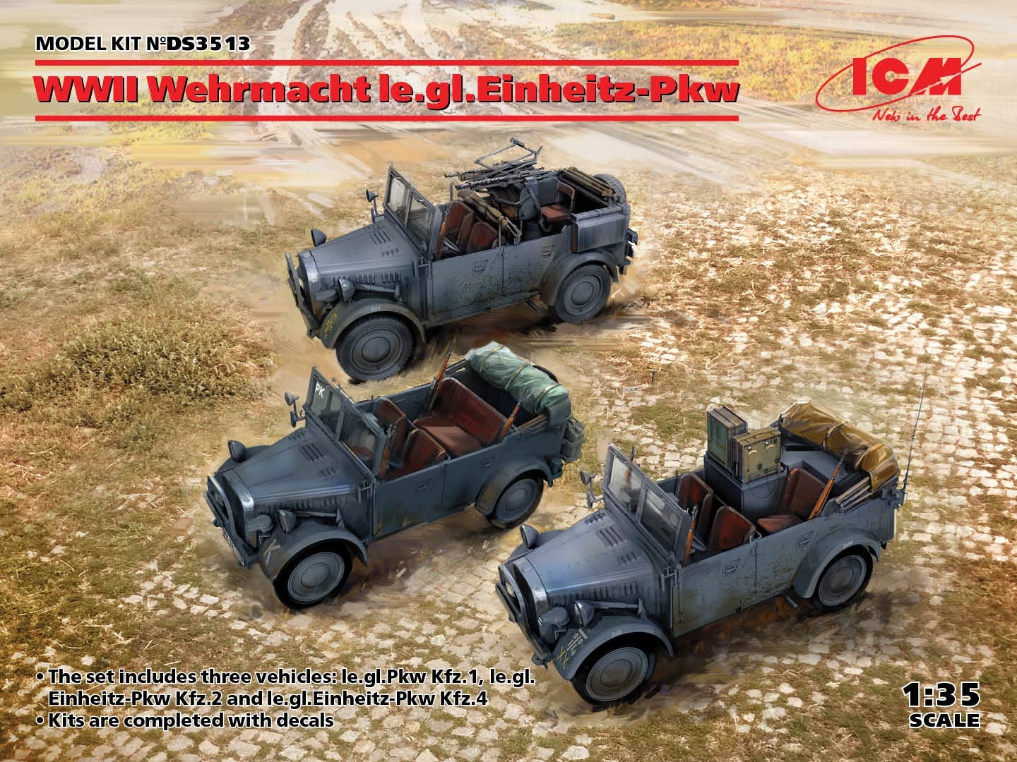 ICM 1/35 WWII Wehrmacht le.gl.Einheitz-Pkw (le.gl.Pkw Kfz.1, le.gl.Einheitz-Pkw Kfz.2, le.gl.Einheitz-Pkw Kfz.4) | 4823044408139