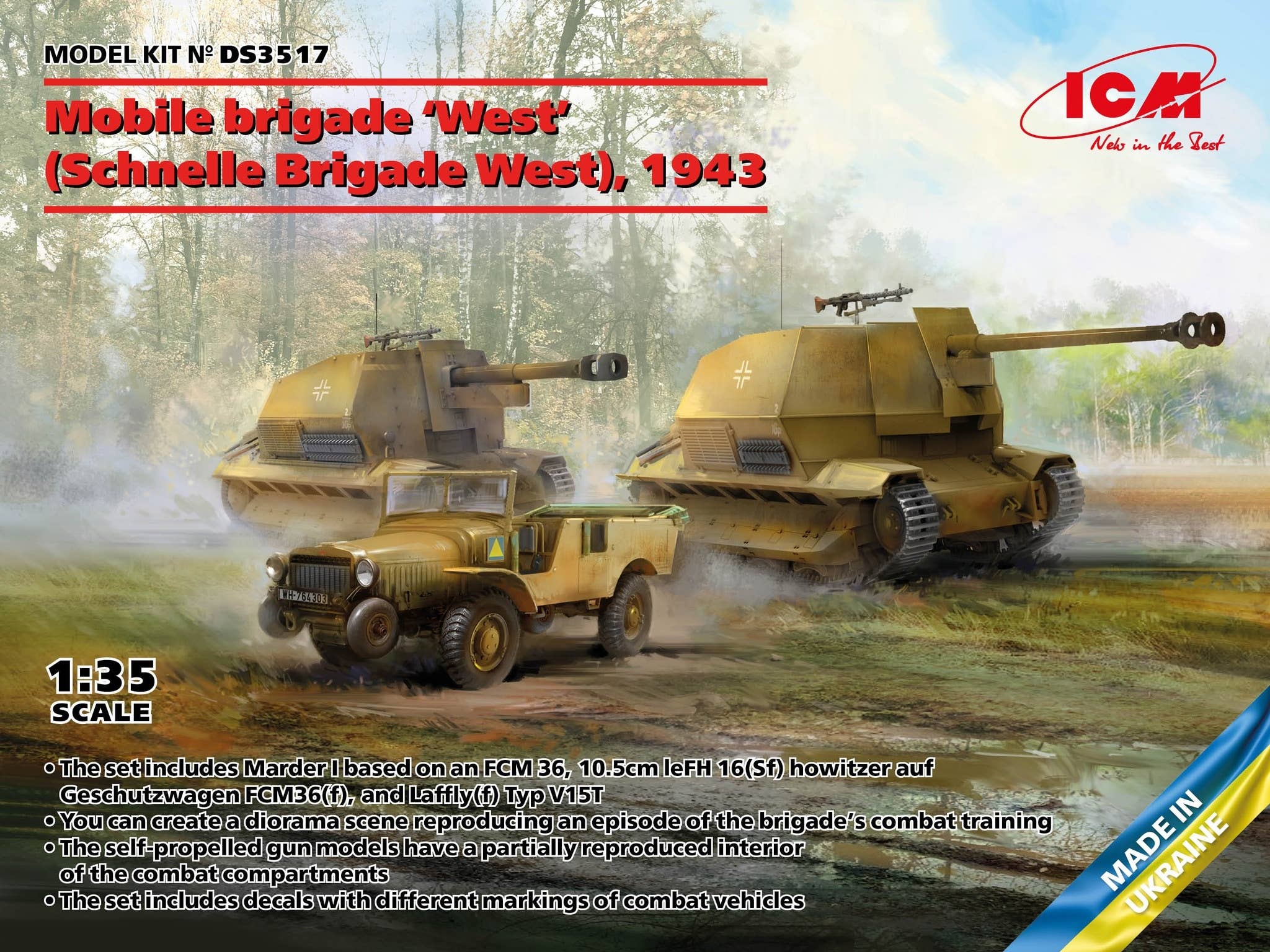 ICM 1/35 Mobile brigade 'West' (Schnelle Brigade West), 1943 (Marder I, 10.5cm leFH 16(Sf) auf Geschutzwagen FCM36(f), Laffly V15T) | 4823044408931