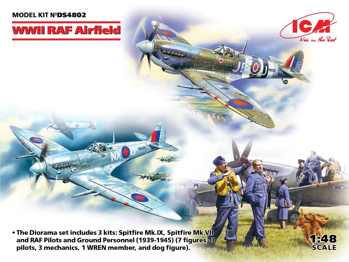 ICM 1/48 WWII RAF Airfield Spitfire Mk.IX, Spitfire Mk.VII, RAF Pilots and Ground Personnel (7 figures) | 4823044408108