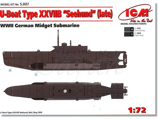 ICM 1/72 U-Boat Type XXVIIB Seehund (late), WWII German Midget Submarine | 4823044400973