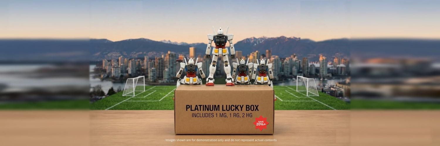 Platinum Gundam Lucky Box wide banner - save 20% or more versus the combined retail value, includes 1 MG, 1 RG, 2 HG Gundam kits