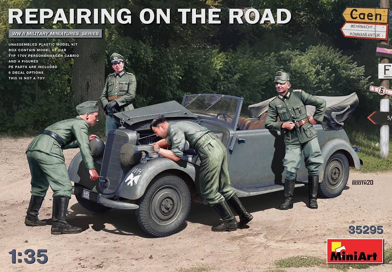 MiniArt 1/35 Repairing on the Road (Typ 170V Personenwagen Cabrio & 4 Figures) | 4820183313270