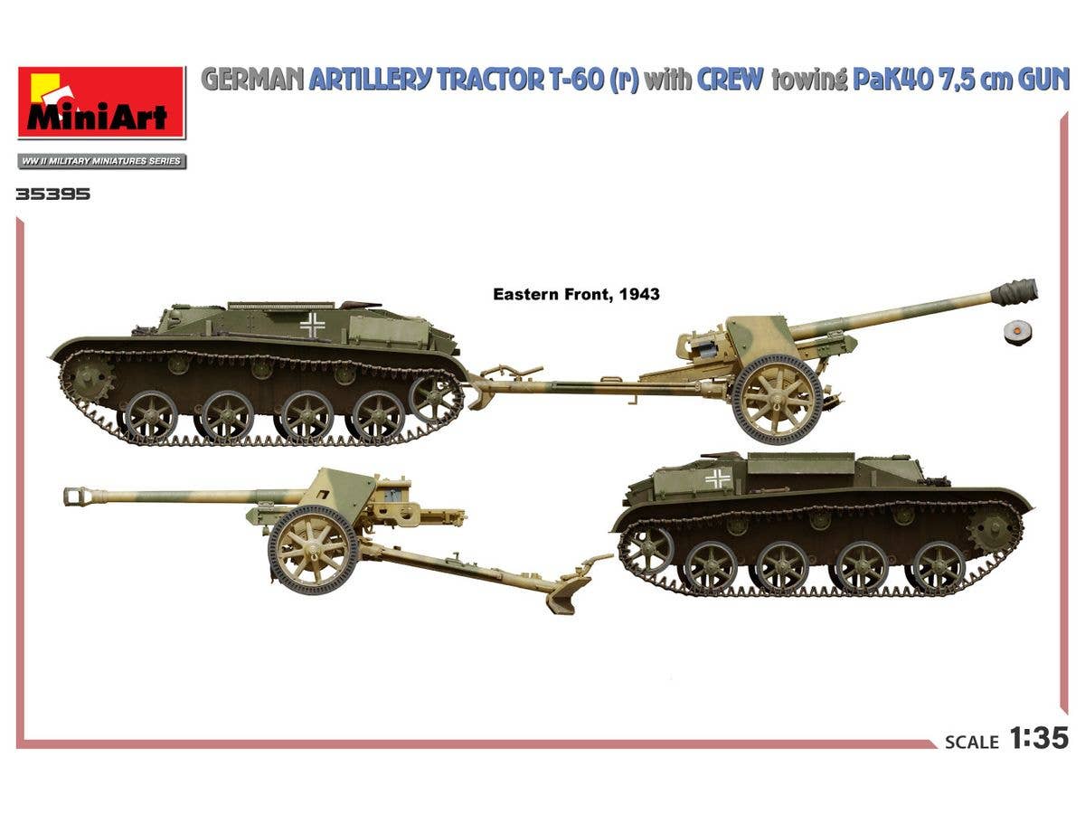 MiniArt 1/35 German Artillery Tractor T-60(r) & Crew Towing PaK40 Gun | 5905090346067