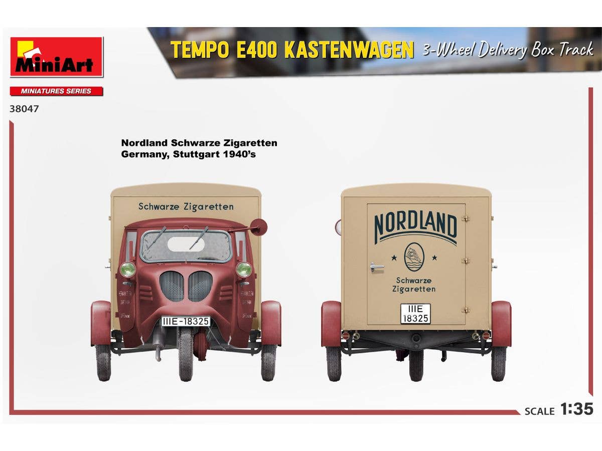 MiniArt 1/35 Tempo E400 Kastenwagen 3-Wheel Delivery Box Track Vehicle kits | 5905090346357