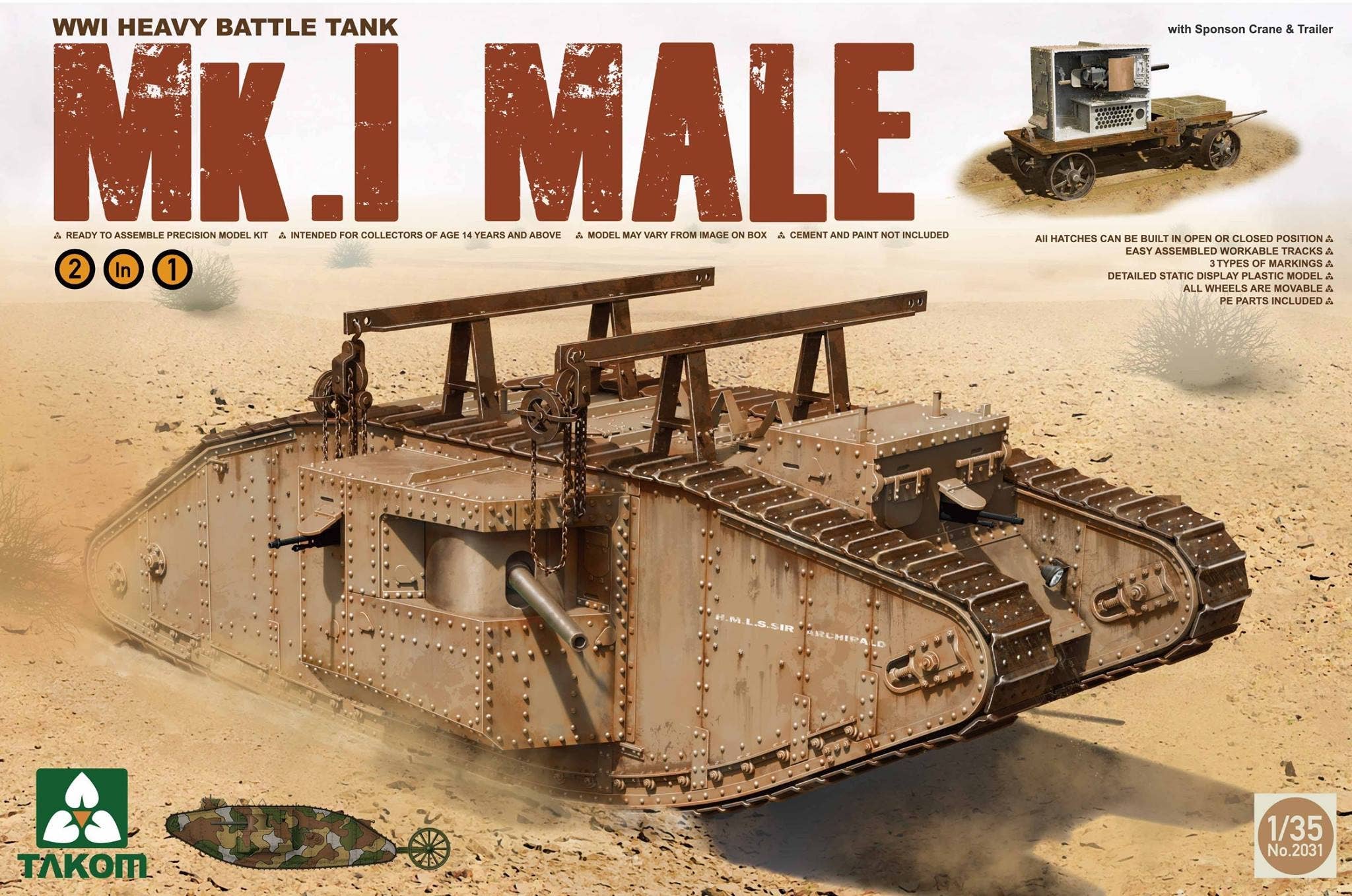 Takom 1/35 WWI Heavy Battle Tank Mk.I Male 2 In 1 (With Crane And Flat Trailer) | 4897051420392