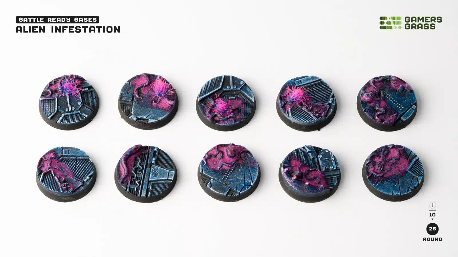 Gamers Grass Battle Ready Bases - Alien Infestation - Round 25mm (x10) | 738956790323
