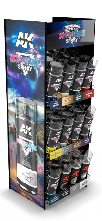 AK Interactive Spray Wargame Full Retail Display Rack ((9 Wargame colors 400 ml x 4) + (3 Primers 200 ml x 4 units)) | 8435568328471