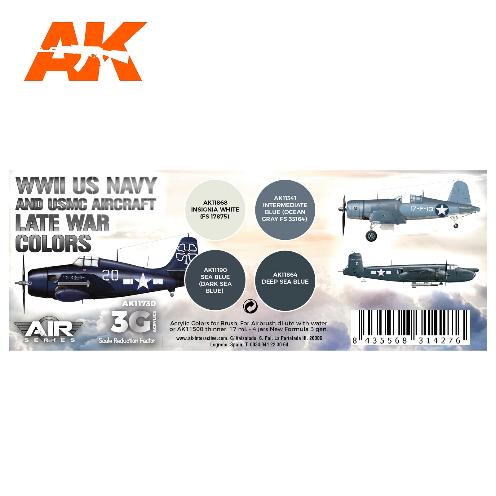 AK Interactive 3G Air - WWII US Navy & USMC Aircraft Late War Colors SET | 8435568314276