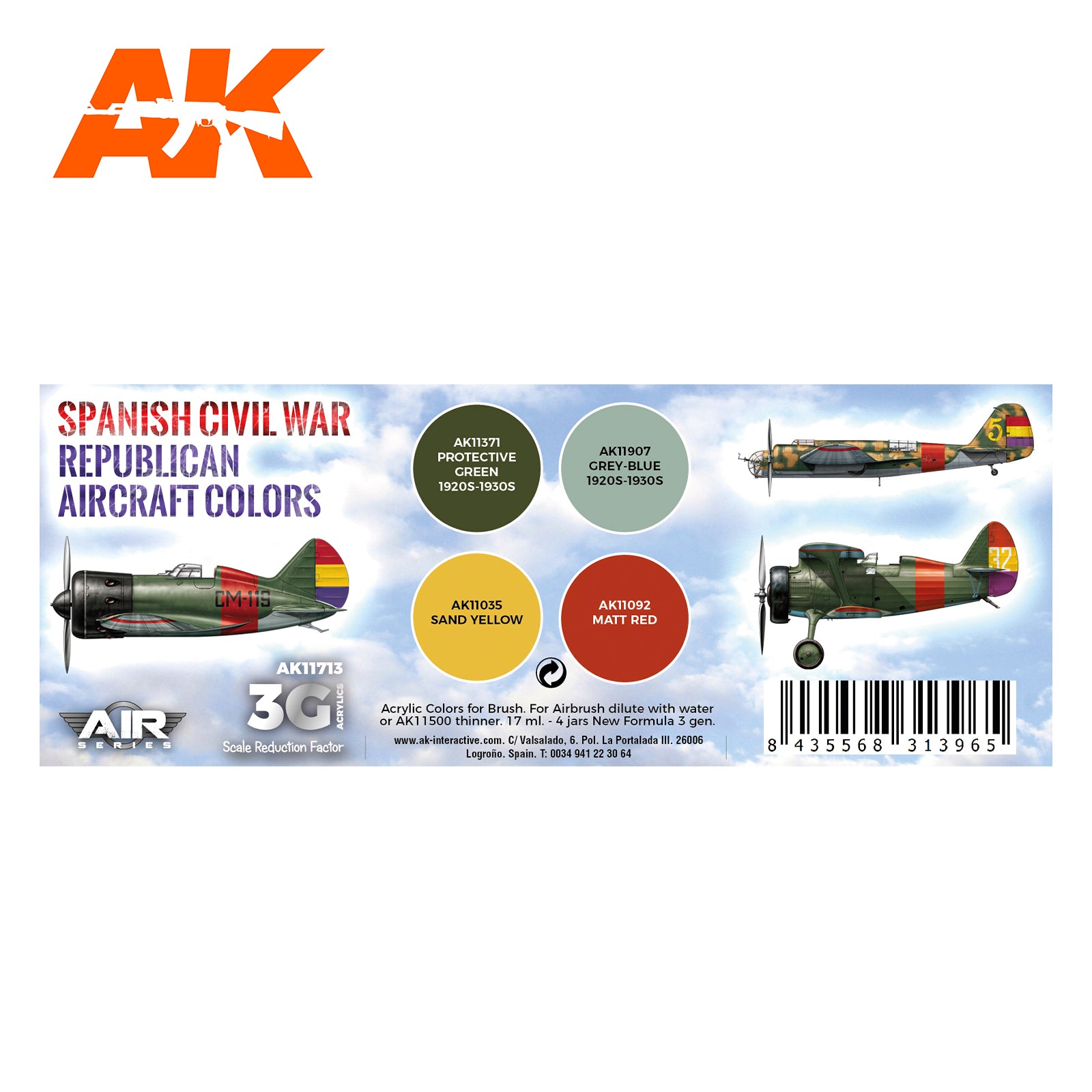 AK Interactive 3G Air - Spanish Civil War. Republican Aircraft Colors SET | 8435568313965