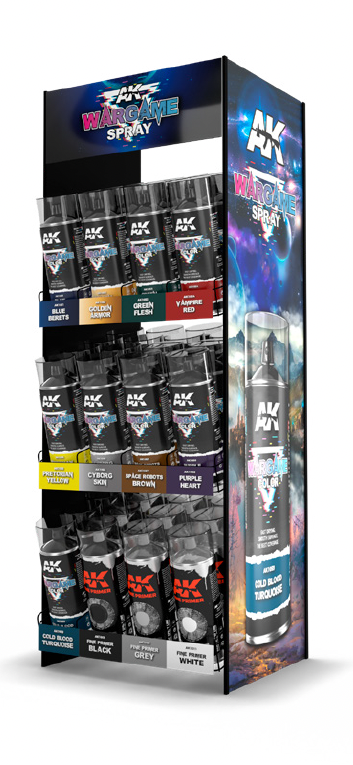 AK Interactive Spray Wargame Full Retail Display Rack ((9 Wargame colors 400 ml x 4) + (3 Primers 200 ml x 4 units)) | 8435568328471