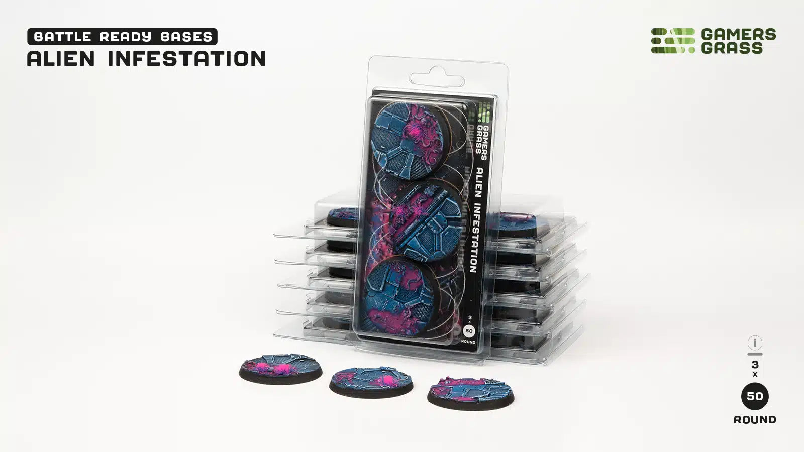 Gamers Grass Battle Ready Bases - Alien Infestation - Round 50mm (x3) | 738956790354