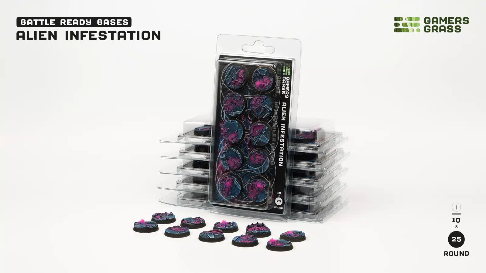 Gamers Grass Battle Ready Bases - Alien Infestation - Round 25mm (x10) | 738956790323