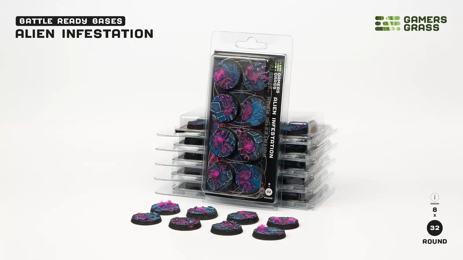 Gamers Grass Battle Ready Bases - Alien Infestation - Round 32mm (x8) | 738956790330