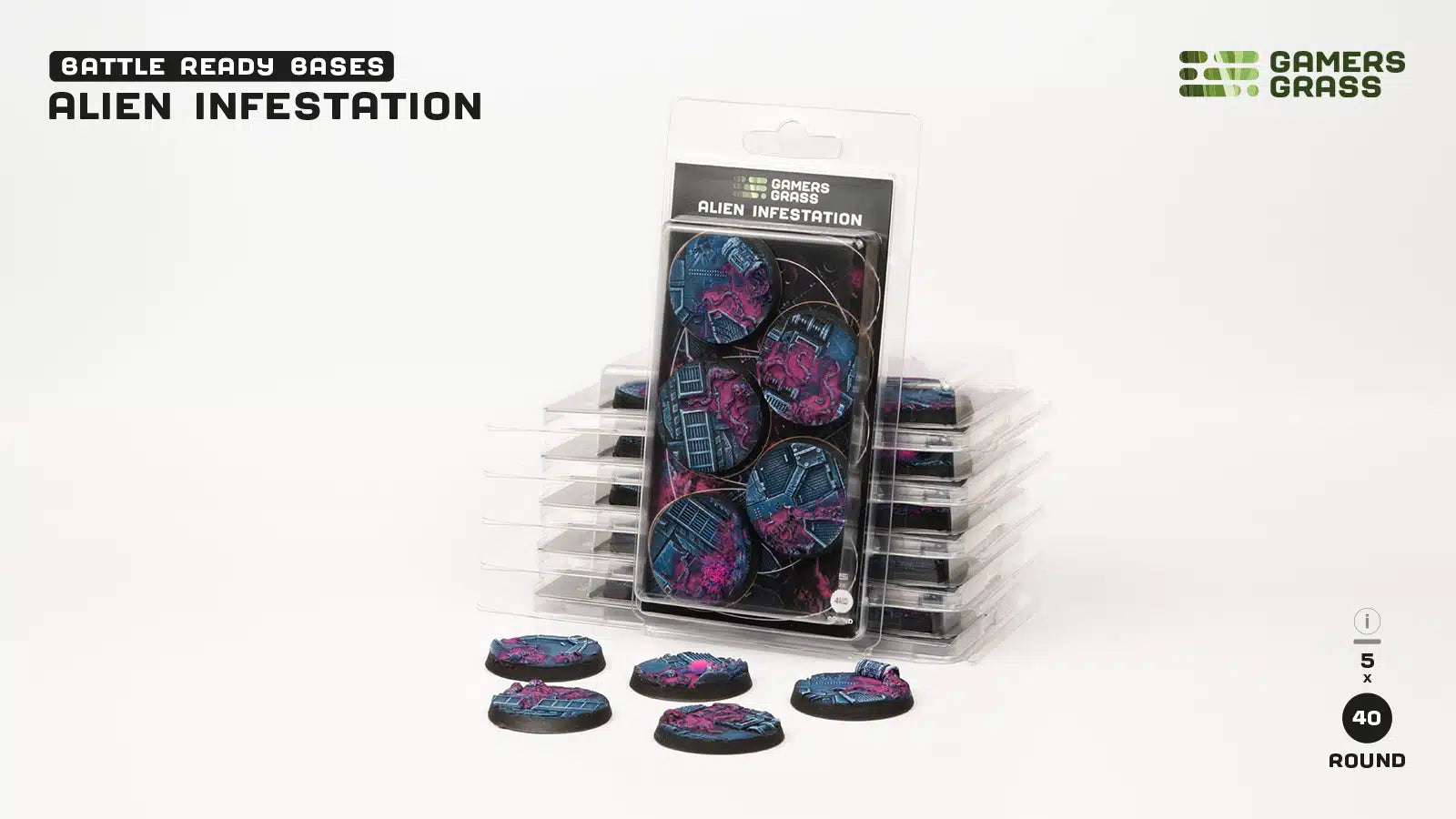 Gamers Grass Battle Ready Bases - Alien Infestation - Round 40mm (x5) | 738956790347