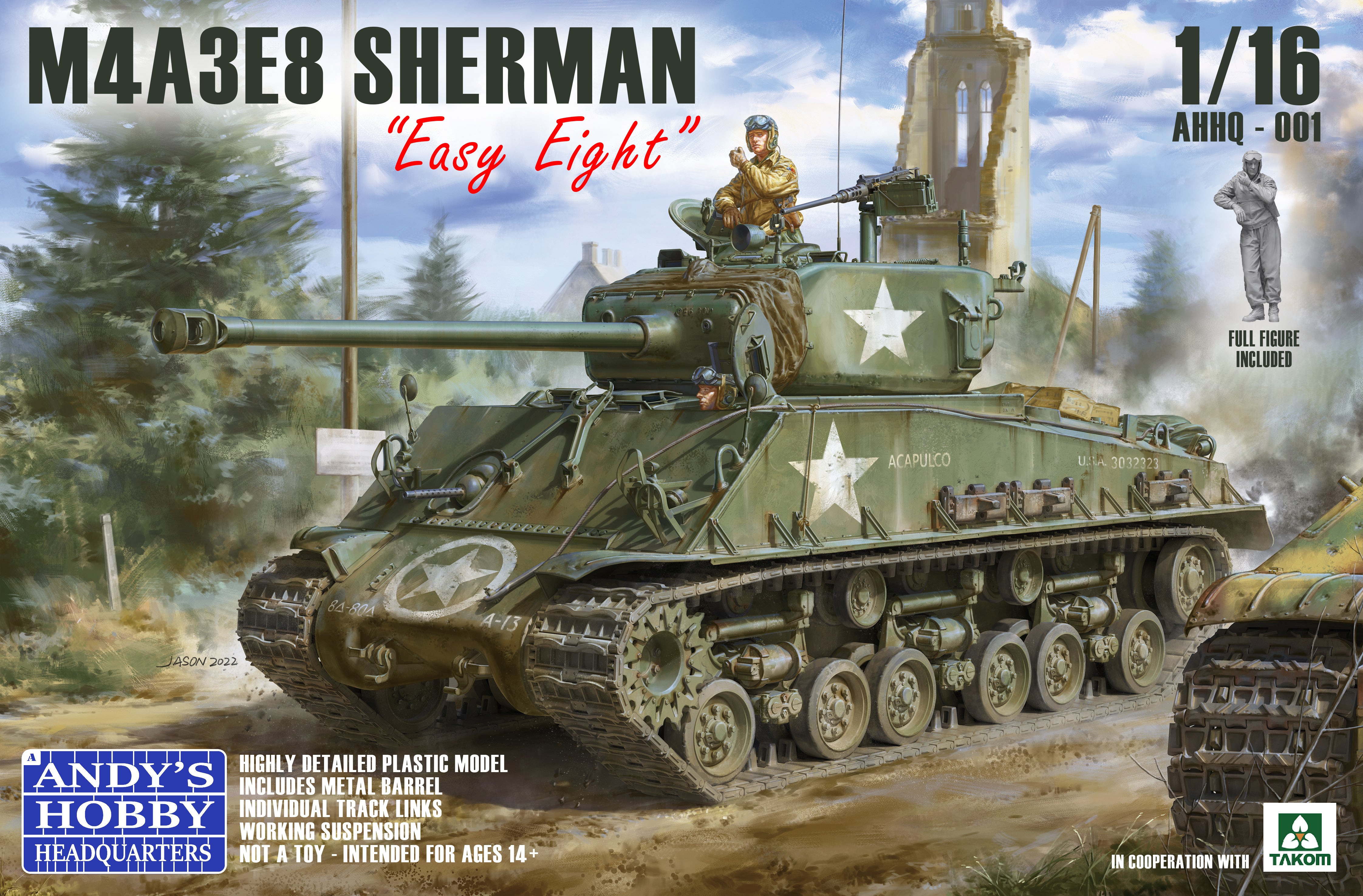 Andy's HHQ X Takom 1/16 M4A3E8 Sherman "Easy Eight" with Figure | 727785302654