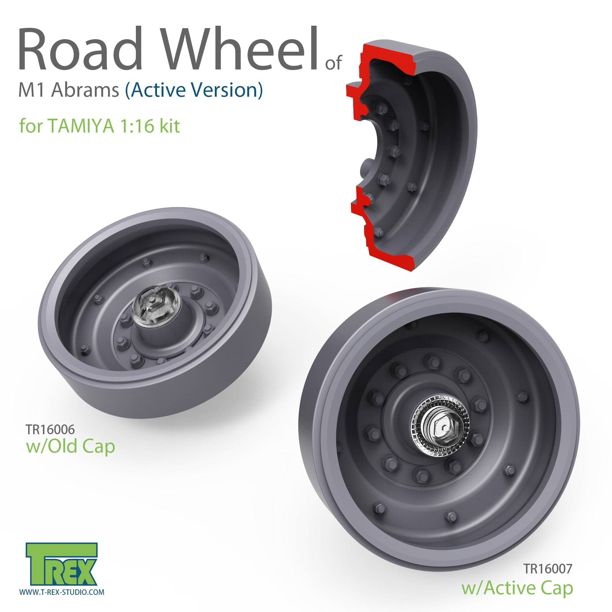 T-Rex Studio 1/16 M1 Abrams Road Wheel with Active Cap Set for Tamiya | 6973984750657