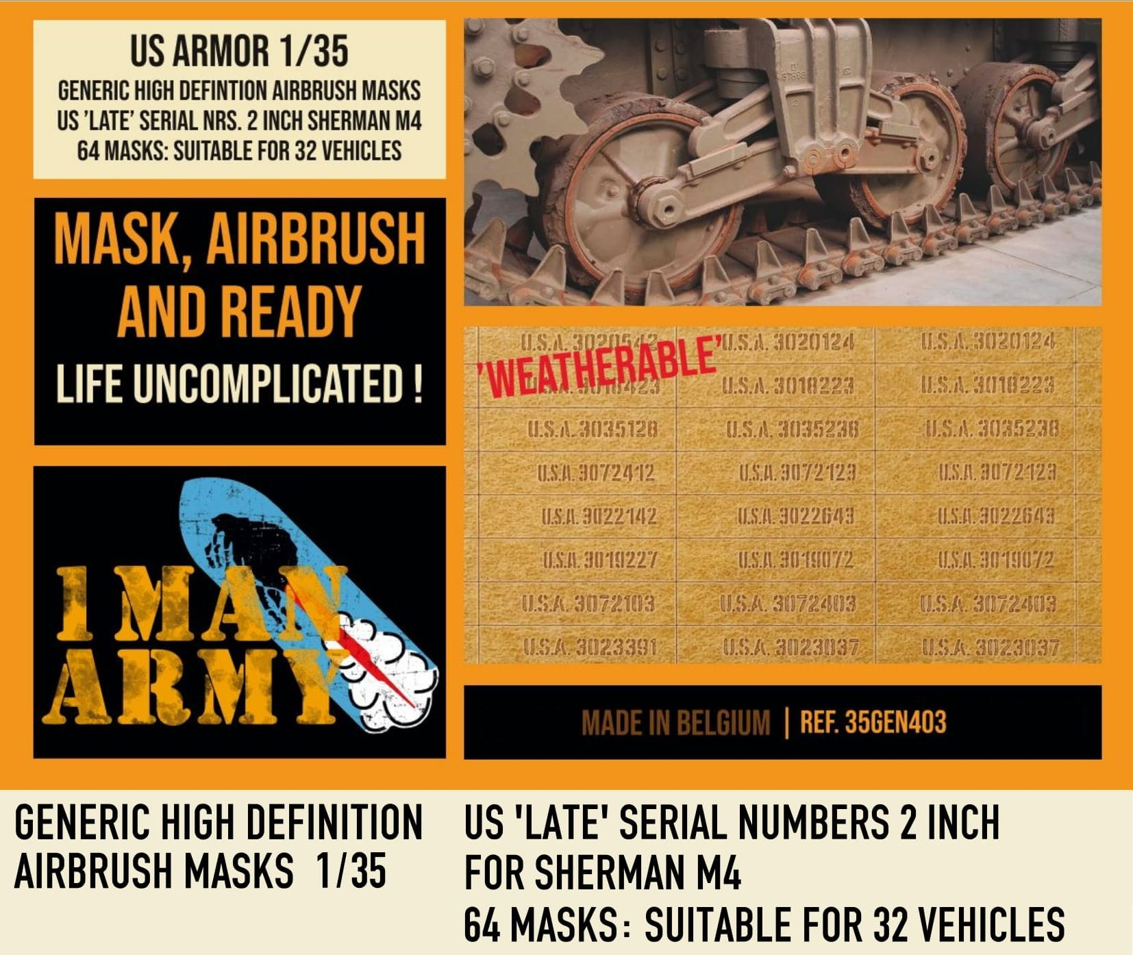 1ManArmy 1/35 US Late Serial Numbers 2 Inch for Sherman M4 Airbrush Paint Masks | 714639355027