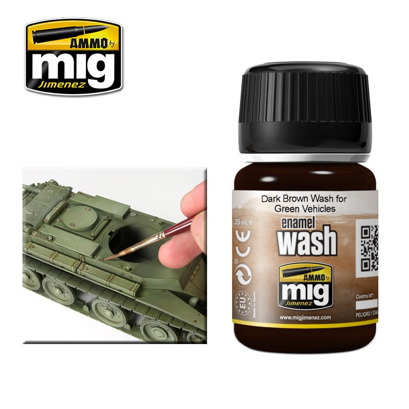 Ammo Mig Dark Brown Enamel Wash for Green Vehicles | 8432074010050